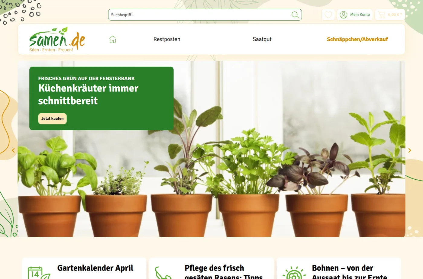 Startseite von samen.de, unserem eigenen produktiven Onlineshop
